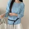Top de ganchillo hueco suave y delicado para mujer, estilo fino de otoño, holgado y casual, color liso suave, jersey de cuello redondo