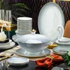 Conjunto de Louça de Porcelana Óssea Jingdezhen Cerâmica Mesa Moderna Acessível Luxo Tigelas e Pratos com Borda Dourada Pratos de Presente para Casa Inauguração Tigelas e Hashis