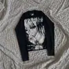 Camiseta de manga curta e longa com estampa de retrato escuro de subcultura, estilo gótico punk desgastado, camiseta básica de gola redonda para garotas estilosas