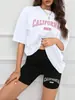 Conjunto de Camisetas Gráficas con Letras de California para Mujer Street Hip Hop de 2 Piezas Verano Casual Pantalones Cortos Algodón Suave Corto