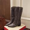 Moda Tendência Retrô Preto Bota de Salto Alto Grosso de Alta Qualidade para Mulheres Verão 2025 Novo Estilo com Saia Botas Cowboy Ocidental