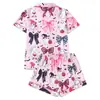 Cárdigan de Seda de Leche Transfronterizo Europeo y Americano con Lazo para Mujer, Shorts de Manga Corta, Conjunto Casual Transpirable para el Hogar para Mujer