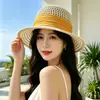 Sombrero de Sol de Verano Calado Transpirable Versátil Moda Sombrero de Paja Plano de Copa Plana Sombrero de Cubo Vacaciones en la Playa Sombrero de Playa Casual