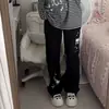 Pantalones Casuales Negros de Cintura Elástica con Estampado de Gato Calavera de Subcultura Japonesa para Mujer Otoño e Invierno Dulces Versátiles Deportivos Largos