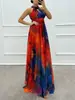Sitio Independiente Amazon Ropa Europea y Americana para Mujer Vestido de Tirantes Estampado sin Mangas Moda Dobladillo Amplio Cuello Halter Cuello Redondo Vestido para Mujer 8081