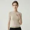 Suéter base para mujer, lavable a máquina, sin costuras, cuello medio alto, manga corta, corte ajustado, delgado, tipo playera de punto, tejido