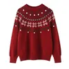 Suéter de punto con jacquard de manga larga, holgado, versátil y moderno para mujer, estilo europeo y americano, nuevo para el verano 2026, en color rojo