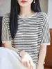 Camiseta Juvenil Suelta de Moda Estilo Coreano Perezoso con Bloques de Color y Rayas para Mujer, Fresca de Verano Adelgazante Talla Grande de Manga Corta