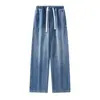 Otoño/Invierno 2026 Nuevos Jeans Unisex Casuales de Pierna Ancha Recta Sueltos, Trendy, Versátiles, con Cordón, Cintura Totalmente Elástica