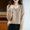 Novo suéter de outono e inverno, gola V, malha lisa, manga longa, corte solto e afina a silhueta, perfeito para usar em camadas, em cores lisas, moda feminina