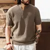 Nuevo top de punto retro americano estilo old money para hombre con cuello Henry, camiseta de manga corta informal holgada de moda para hombre de verano