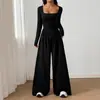 Mono de Estilo Nuevo 2026 con Cuello Cuadrado y Mangas Largas para Mujer, Pantalones de Pierna Ancha que Ceñen la Cintura, Mono Casual Estilo Ins Europeo y Americano, de Cintura Alta