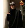 Sudadera de Terciopelo Americano Negra para Hombre en Otoño e Invierno Pesada Casual Versátil Camisa de Cuello Medio para Capas Camiseta de Manga Larga