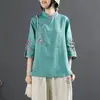 2024 Nova Camisa Retrô Estilo Chinês de Algodão e Linho Feminina Primavera e Verão Estilo Chinês Gola Alta Botão Top Diagonal Bordado Roupas de Chá