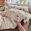 Conjunto de cama de quatro peças em gaze de algodão macio classe A, camada dupla, estilo de fronha e lençol com desenhos animados frescos, conjunto de três peças para dormitório estudantil