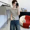 Tricô Assimétrico com Decote V de Manga Curta para Mulheres, Estilo Verão Fino, Top Estiloso, Camiseta de Manga Curta da Moda A11270