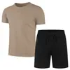 Personalizável - Conjunto Masculino de Verão com T-shirt de Malha de Manga Curta + Shorts Esportivos Cor Lisa Casual e Versátil