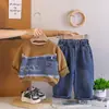 2026 Nuevo Conjunto de Primavera para Niños Sudadera de Mezclilla Patchwork con Letras de Manga Larga de Primavera Conjunto de Dos Piezas Ropa Infantil de Moda