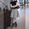 Un Conjunto Completo de Atuendos Ootd Estilo Coreano, Top Negro de Manga Corta, Falda de Corte A con Cordón de Doble Cintura, Conjunto de Dos Piezas de Verano
