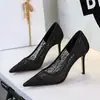 Zapatos de tacón de aguja sexys de estilo europeo y americano para fiesta, de alta gama, para mujer, con punta fina, de malla de encaje, de boca poco profunda, para mujer, 1963-7