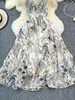 Vestido Largo Estilo Bohemio de Gasa Estampada con Tirantes Finos y Cuello en V Adelgazante Línea A Ropa Elegante para Mujer Vestido