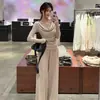 Conjunto de Dos Piezas Falso Estilo Puro Deseo con Cuello Oscilante y Pantalones de Pierna Ancha de Cintura Alta para Mujer, Traje de Moda Versátil y Sencillo para Primavera y Otoño