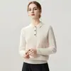 Otoño e Invierno Nueva Camiseta Base de Punto de Cachemira Moda Suave Cómoda Color Sólido Holgada para Mujer Cuello Polo Manga Larga