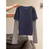 Camiseta de Manga Larga Rayada Azul Marino Retro Americana Falsa de Dos Piezas para Mujer 2025 Otoño e Invierno Nueva Superior Delgado y Holgado