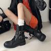 Botas de Couro Bovino Texturizado Super Descoladas e Modernas para Meninas 2025 Salto Médio Grosso Bico Redondo Couro Genuíno Cadarço Botas Curtas