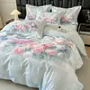 Juego de cuatro piezas de algodón 100% de fibra larga, grosor aumentado, cepillado, con estampado floral grande, de alta gama, que incluye funda de edredón, sábana bajera y ropa de cama