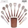 Conjunto de Utensílios de Cozinha de Silicone com Textura de Madeira Transfronteiriço 12 Peças Conjunto de Colher e Espátula Antiaderente Utensílios de Cozinha com Cabo de Madeira com Textura Dourada Anti-Escaldante