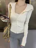 Jaqueta Cardigan Casual MosesQueen/Listrada de Ombro Reto com Capuz e Zíper Duplo Slim para Mulheres