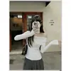 Suave top de punto de manga larga con hombros descubiertos estilo francés para mujer, nuevo diseño ajustado de otoño e invierno, adecuado para usar como prenda exterior o como capa base.