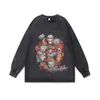 Sudadera de Algodón Puro Pesado 280g, Cuello Redondo, Manga Larga, Estilo Retro Cráneo Americano, Calle Alta, Holgada, Lavada, Desgastada