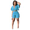 9758 Europa e América Transfronteiriça Amazon Blusa Casual Ruffle Manga Curta Decote V Shorts de Verão Conjunto de Duas Peças