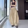 Cós estiloso com cordão, barra com babados, calça pantalona, calça longa de corte solto, calça casual para mulheres, coleção de outono, cintura alta, cinza, caimento relaxado