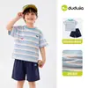 [100% Algodón Puro] Ropa Infantil Dudu Conjunto de Verano a Rayas de Manga Corta para Niños Camiseta para Niñas Top de Verano para Bebé Moderno