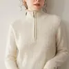 Novo suéter de cashmere outono e inverno para mulheres, gola alta com zíper parcial, suéter base de malha trançada grossa solta, top, tricô