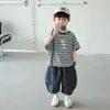 Conjunto de Verão para Meninos 2026 Nova Moda Bebê Menino Manga Curta Listrado Roupas de Verão Infantis Conjunto Casual Fino de Duas Peças