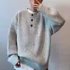 Suéter masculino de outono e inverno, estilo retrô americano, gola henley, com botões, gola redonda, versátil, casual, estiloso, jaqueta de malha de alta qualidade