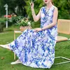 Vestido de algodão e seda sem mangas de alta qualidade, estilo jovem, para mulheres, vestido de verão para férias na praia, plus size, para mulheres de meia-idade, vestido Sanya, vestido de praia