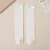 Calcetines de Encaje de Algodón Peinado para Niños con Rayas Verticales, Calcetines de Color Sólido hasta la Pantorrilla con Lindo Moño para Niñas