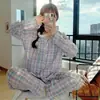 Corea Estilo Coreano ins Cuadros Pijama de Primavera y Otoño para Mujer Pantalones de Manga Larga Cárdigan Traje Lindo de Dibujos Animados Ropa de Casa Comercio Exterior