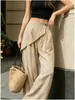 Calça feminina de cintura alta e perna larga, corte solto com design irregular, calça longa casual de cor sólida, calça fina versátil de comprimento até o chão para o verão