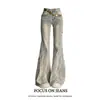 Jeans Acampanados de Cintura Alta Retro Americanos para Mujer con Diseño Patchwork de Dobladillo Crudo, Pantalones Bootcut Rectos de Corte Slim