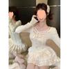 Nuevo Top Base con Encaje de Puro Deseo Falda Pastel Acolchada en Forma de A Falda de Cintura Alta para las Cuatro Estaciones Traje que Reduce la Edad