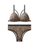Conjunto de Sutiã e Calcinha Sexy com Estampa de Leopardo e Tecido de Seda Gelada, Botão Frontal, Design Lindo nas Costas, Conjunto de Lingerie Esportiva Triângulo, Estilo Europeu e Americano