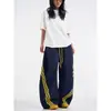 Calça Jogger Color Block de Perna Larga Tamanho Grande 150kg Estilo Streetwear Americano para Mulheres, Fina de Primavera e Verão, Caimento Retro Casual Esportiva