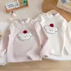 Camiseta de Veludo Fofa Estilo Coreano Outono e Inverno para Meninas Nova Desenho Animado Urso Cereja Gola de Renda Forrada com Lã