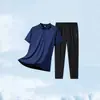 Conjunto Esportivo de Seda de Gelo de Alta Qualidade Estilo Pai para Homens, Roupa Casual de Verão com Manga Curta para Homens de Meia-Idade e Idosos